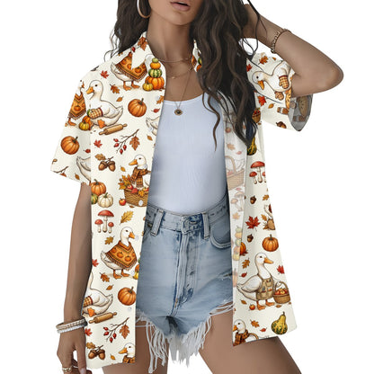 Lifestyle view of a family wearing matching autumn waterfowl Hawaiian shirts outdoors