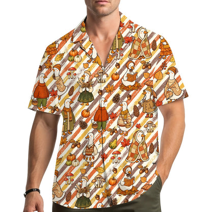Lifestyle image of family wearing matching fall ducks Hawaiian shirts