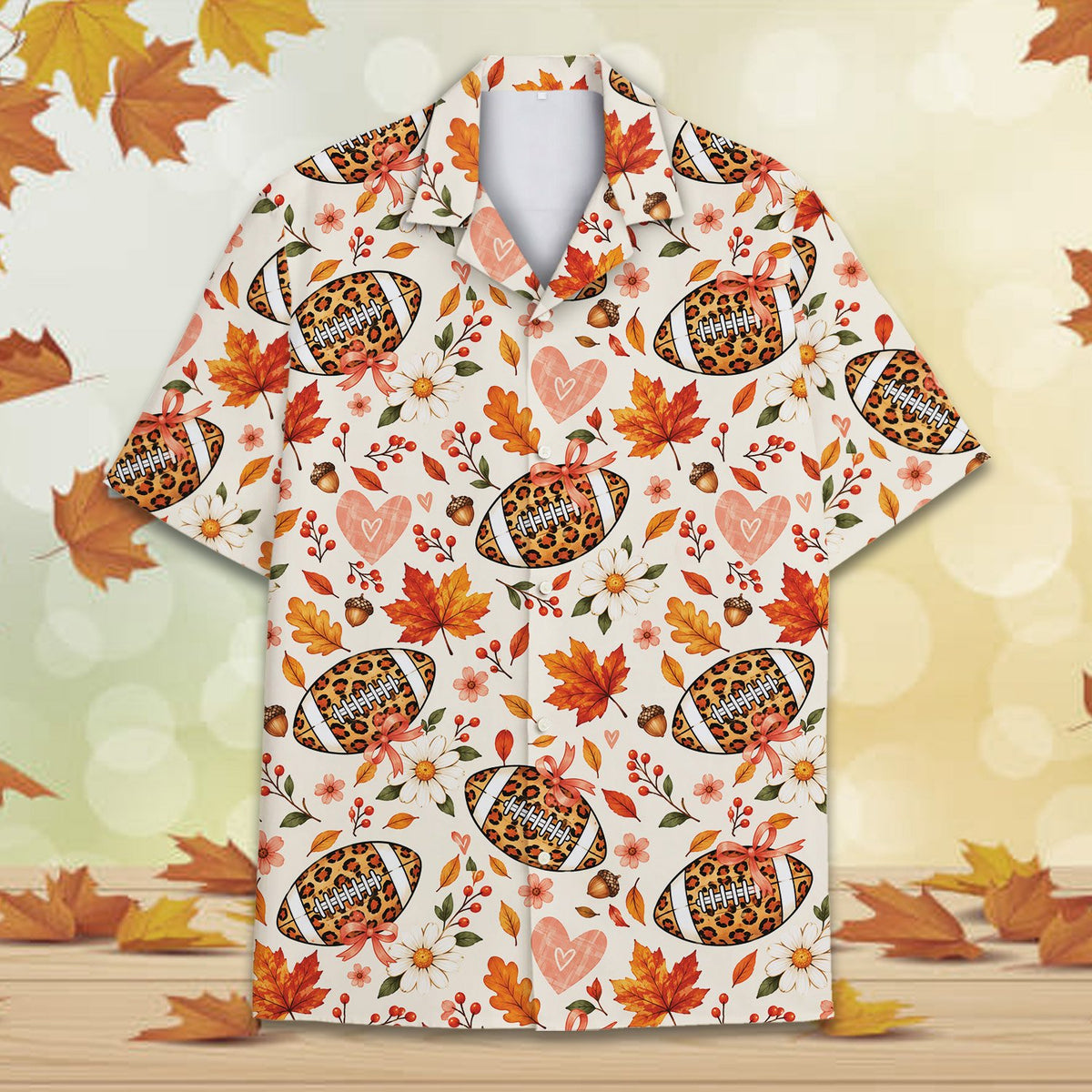 Front detail of fall football leopard hawaiian shirt