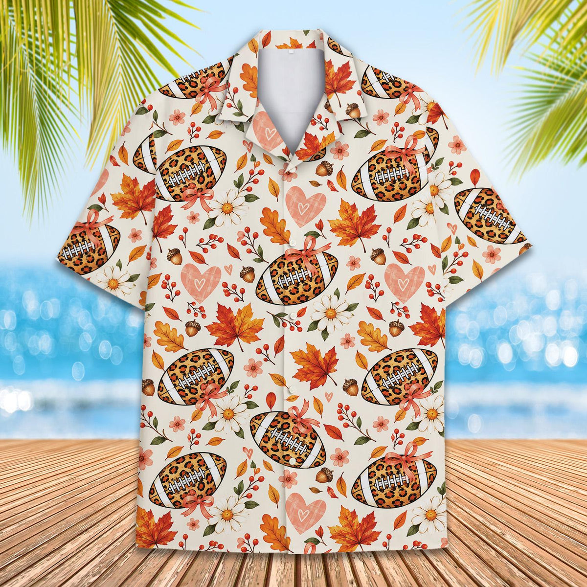 Close-up front view of the football and leaf pattern hawaiian shirt