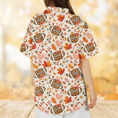 Second lifestyle view of individuals in fall football leopard hawaiian shirts