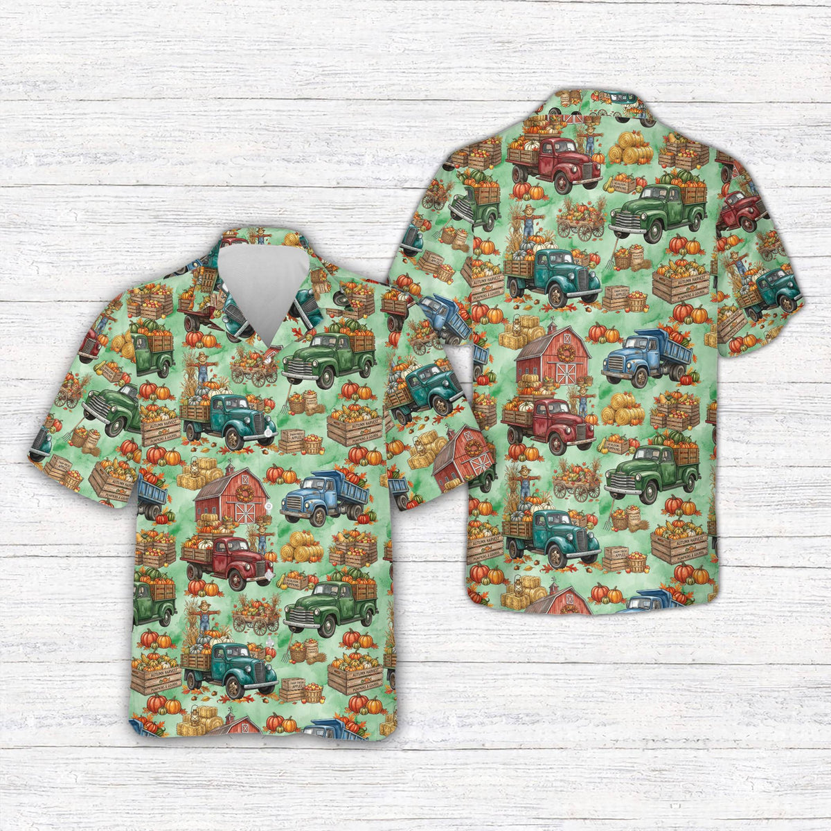 Fall hawaiian shirt in green with vintage trucks and red barns, front view