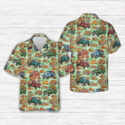 Fall hawaiian shirt in green with vintage trucks and red barns, front view