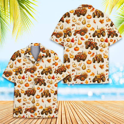 Cream fall harvest hawaiian shirt with pumpkins front view