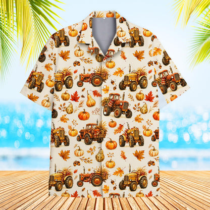 Matching family hawaiian shirts in fall tractor print, front view