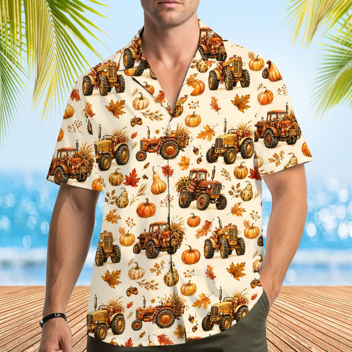 Second lifestyle view of the fall harvest hawaiian shirt