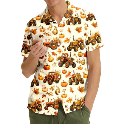 Third lifestyle view of the fall harvest hawaiian shirt