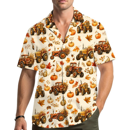 Lifestyle view of family wearing matching fall harvest hawaiian shirts