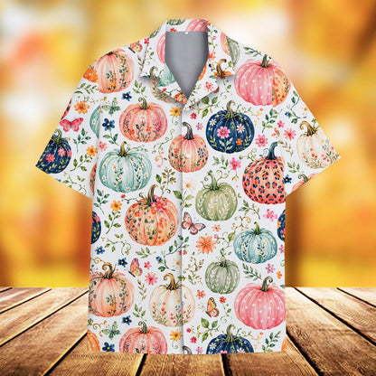 White hawaiian shirt featuring floral and leopard print pumpkins, main view