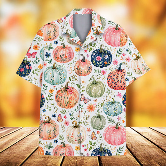 Fall pumpkins hawaiian shirt, front view on white background
