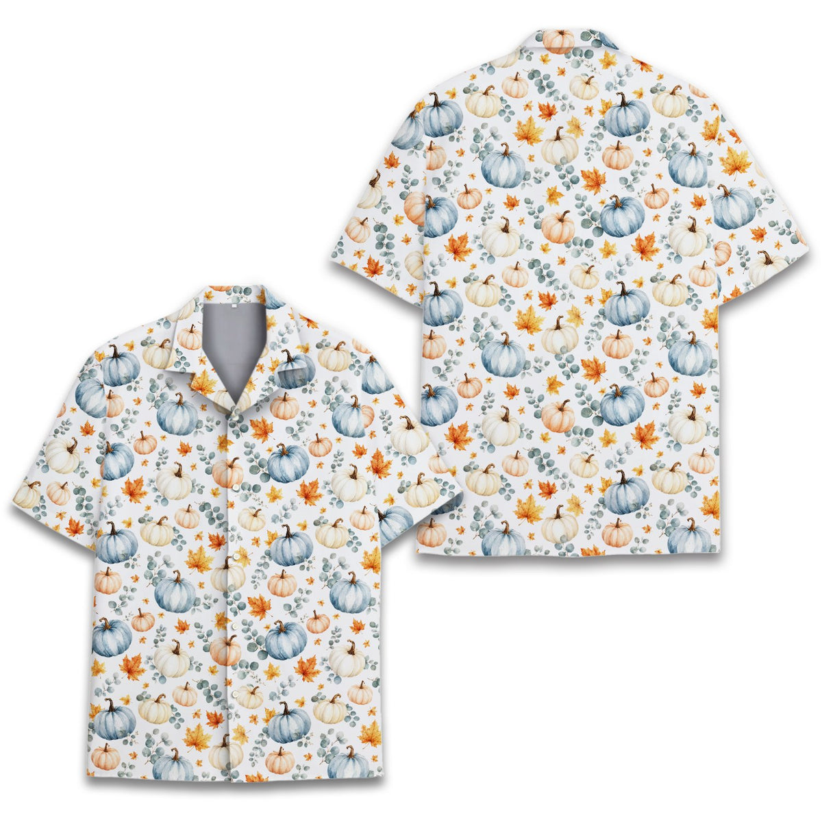 White fall hawaiian shirt featuring blue pumpkins and autumn leaves, front view