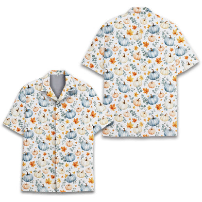 White fall hawaiian shirt featuring blue pumpkins and autumn leaves, front view