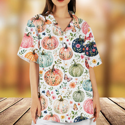 Lifestyle view showing the vibrant pumpkin pattern on the shirt