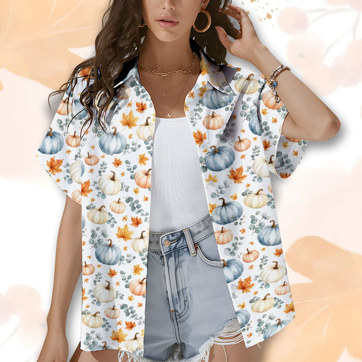 Close up of the watercolor pumpkins hawaiian shirt worn outdoors