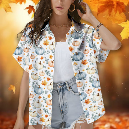 Matching family hawaiian shirts showcased in a festive autumn setting