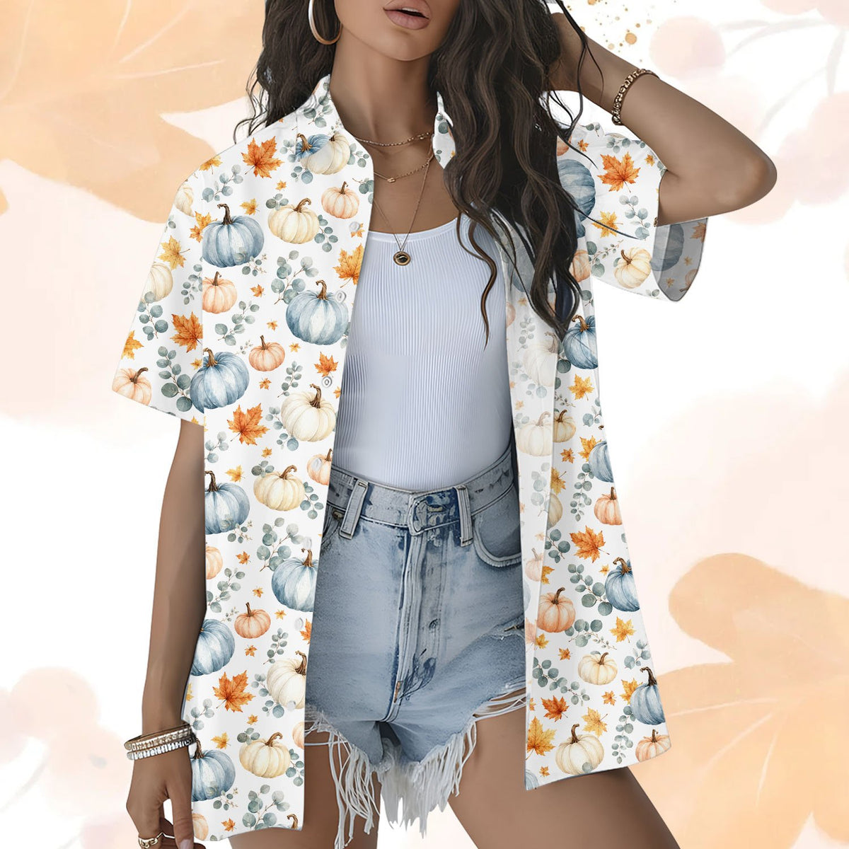 Adult wearing the white fall hawaiian shirt during Thanksgiving