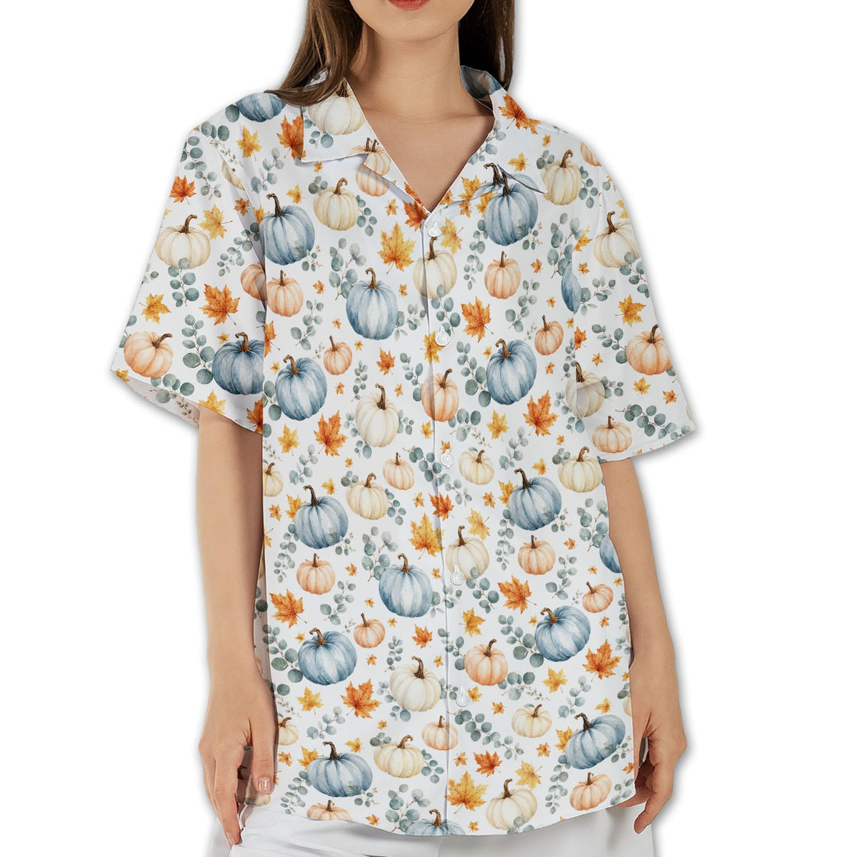 Fall pumpkins hawaiian shirt showing the vibrant orange and yellow leaves