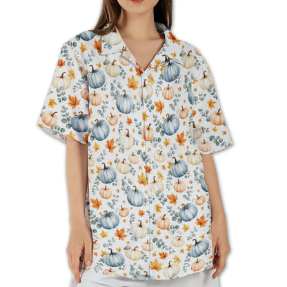 Fall pumpkins hawaiian shirt showing the vibrant orange and yellow leaves
