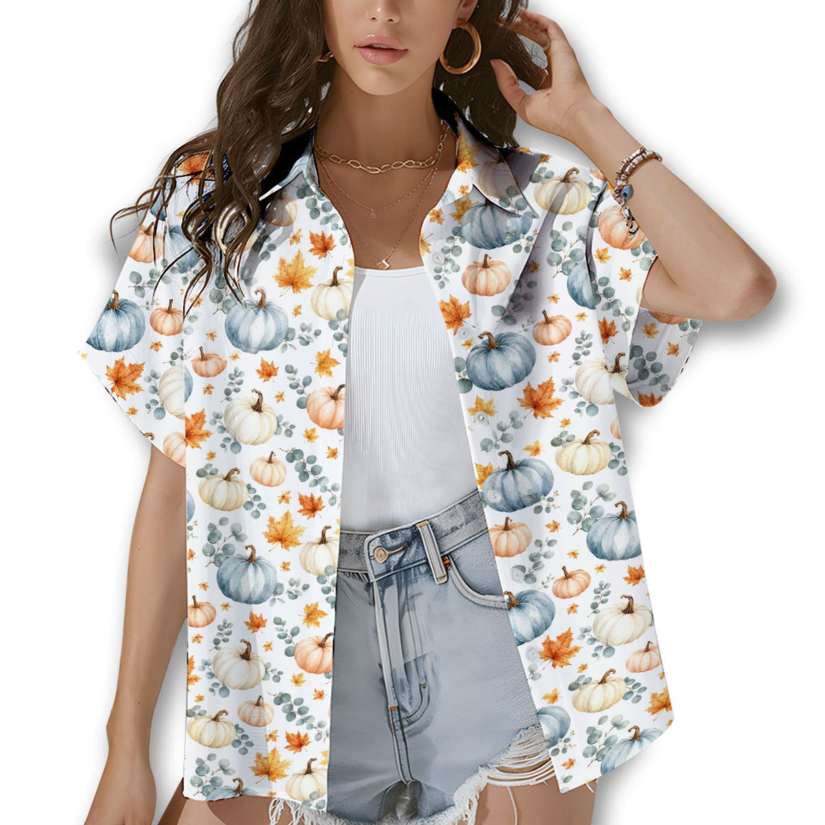 Lifestyle view of a family wearing matching fall pumpkins hawaiian shirts