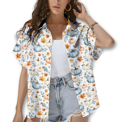 Lifestyle view of a family wearing matching fall pumpkins hawaiian shirts