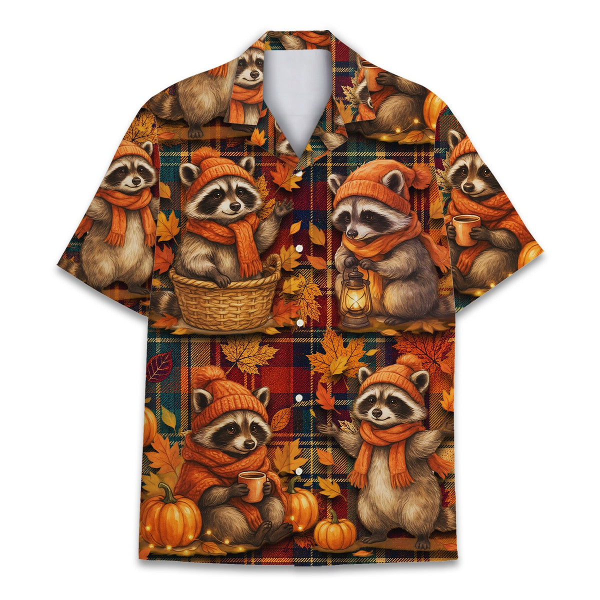 Another back view of the festive Fall Raccoons hawaiian shirt