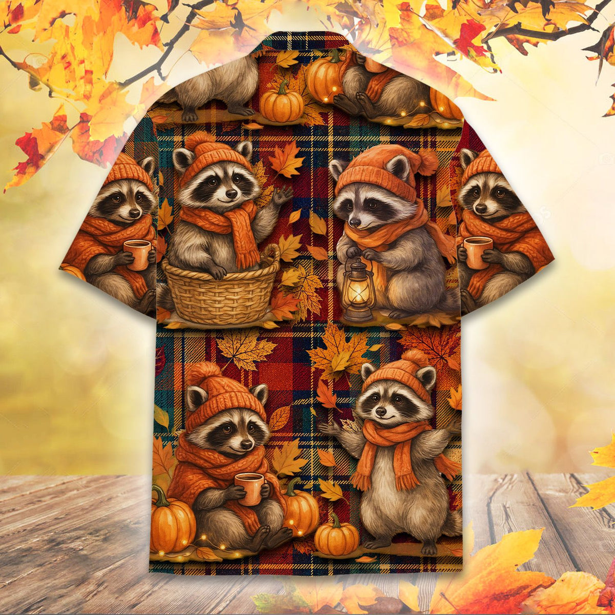 Back view of the Fall Raccoons matching family hawaiian shirts
