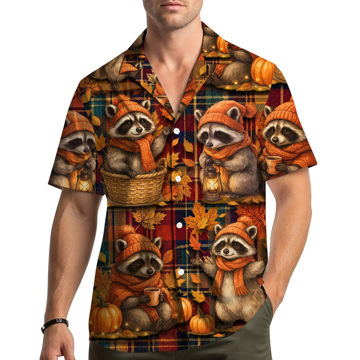 Front detail of the family matching hawaiian shirts showing the raccoon design