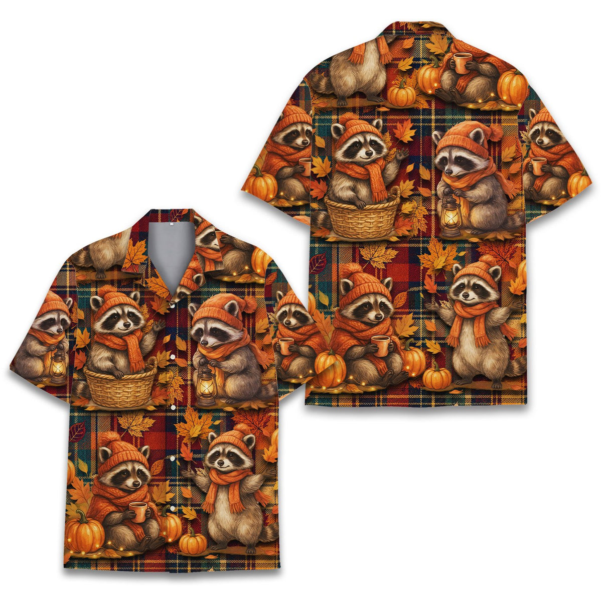 Another front view of the Fall Raccoons holiday hawaiian shirt