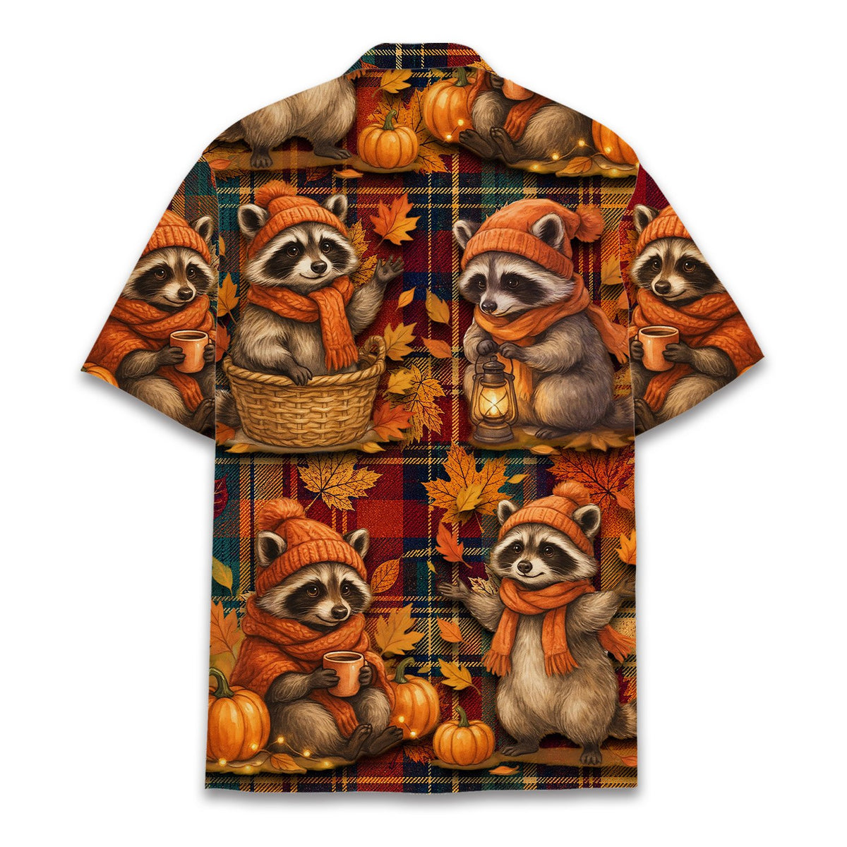 Close up front view of the raccoons wearing orange knit hats on the hawaiian shirt