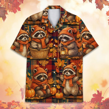 Front styling of the autumn raccoon and pumpkin hawaiian shirt