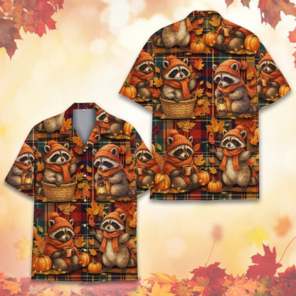 Main view of the Fall Raccoons matching family hawaiian shirts featuring a red and orange plaid background