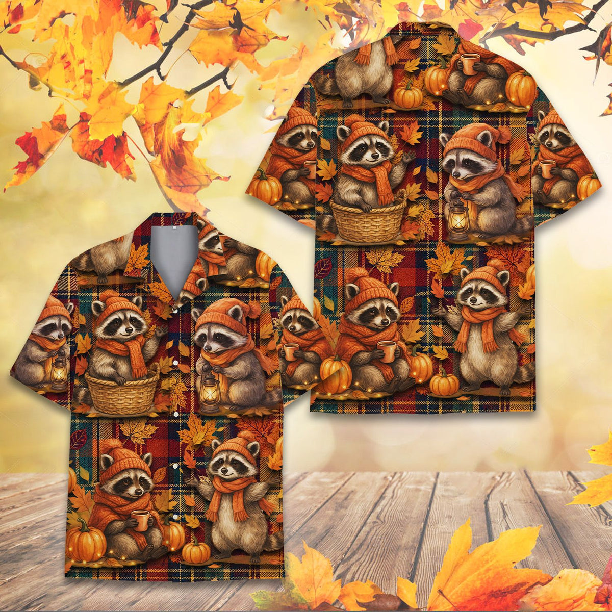 Lifestyle view of a person wearing the Fall Raccoons hawaiian shirt outdoors as a fun alternative to a rugby shirt