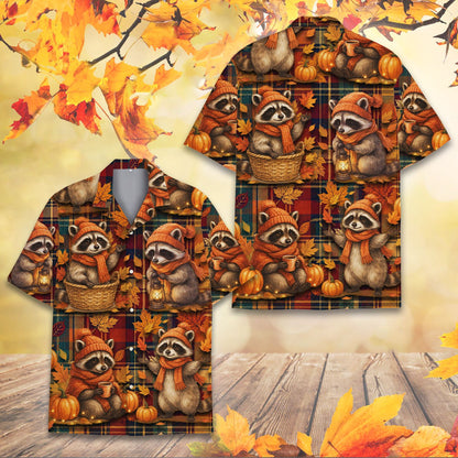 Lifestyle view of a person wearing the Fall Raccoons hawaiian shirt outdoors as a fun alternative to a rugby shirt