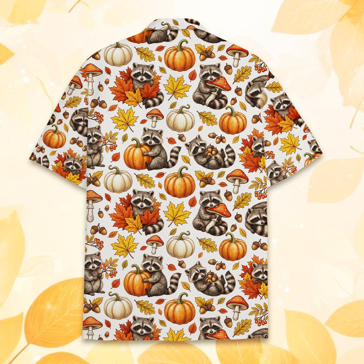 Detailed back view of the fall raccoons hawaiian shirt