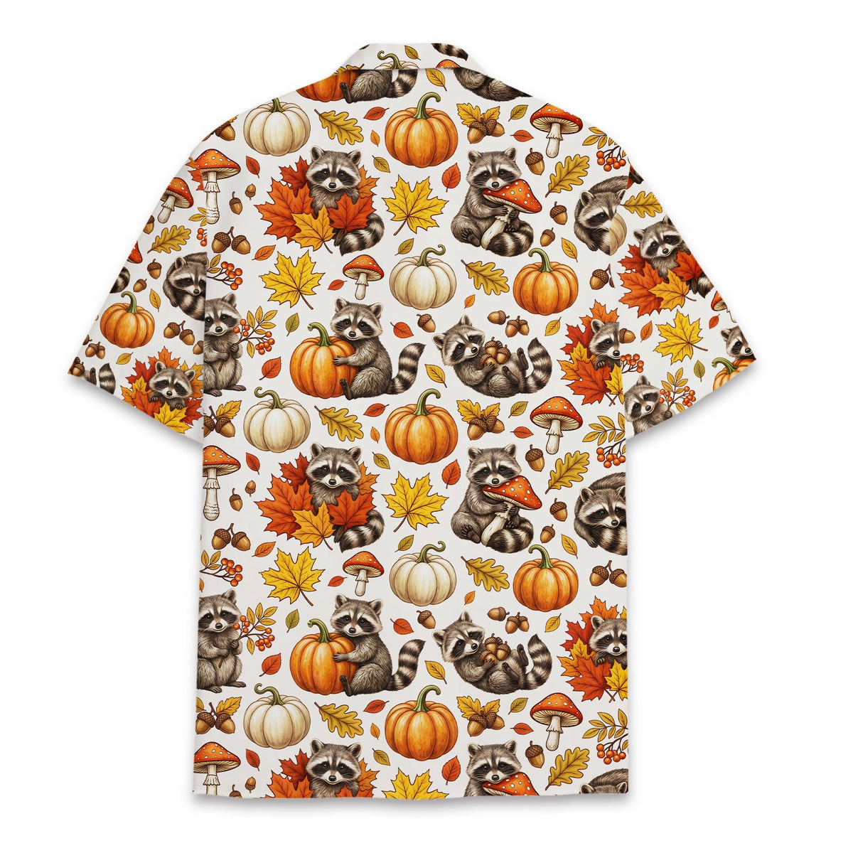 Back view of the raccoons hawaiian shirt with autumn leaves and acorns