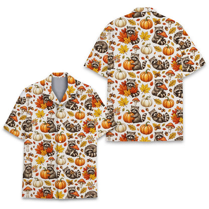 Detailed front view of the raccoons hawaiian shirt showing pumpkin and mushroom motifs
