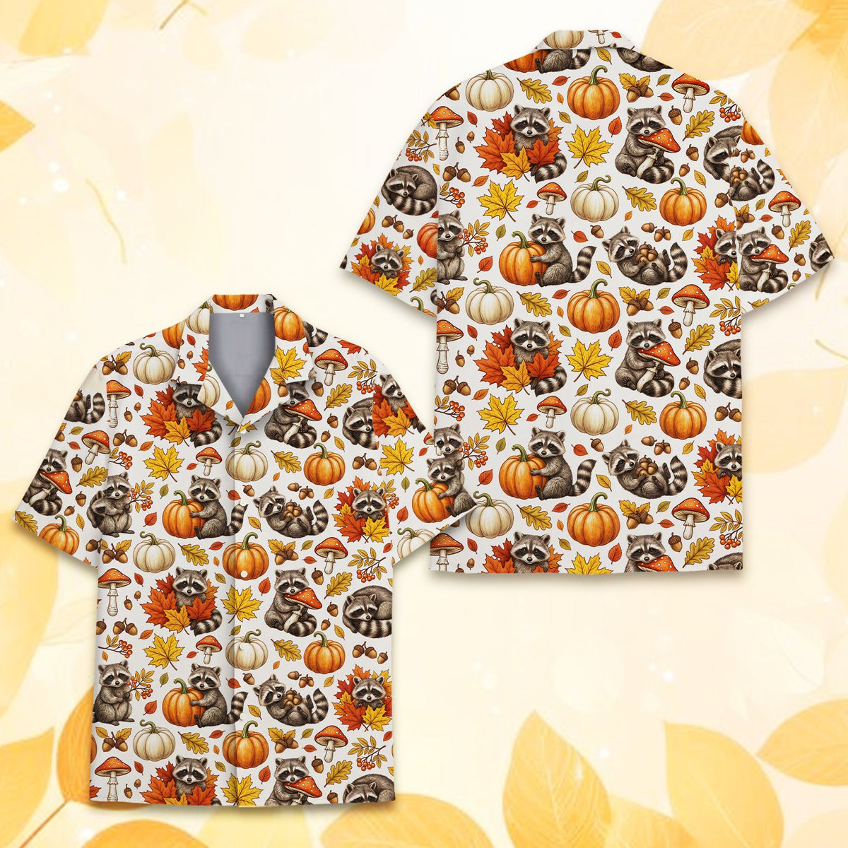Close-up front view of the matching family hawaiian shirt with fall raccoon design