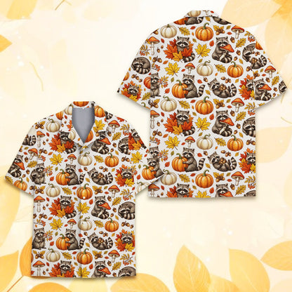 Close-up front view of the matching family hawaiian shirt with fall raccoon design