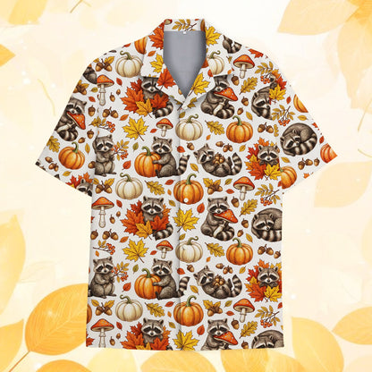 Matching family raccoons hawaiian shirt featuring autumn leaves and pumpkins, main view
