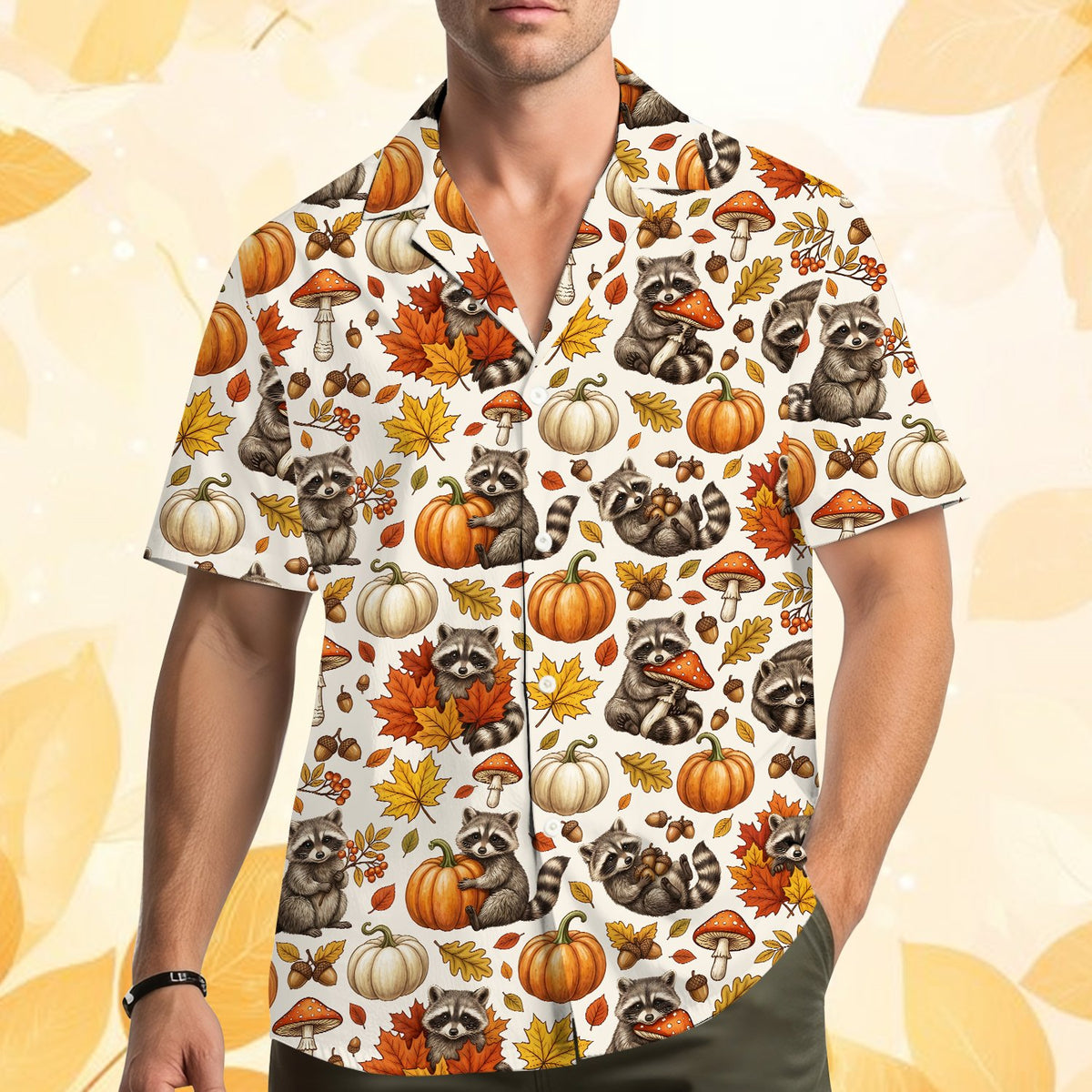 Second lifestyle view of the fall raccoons hawaiian shirt in a festive setting