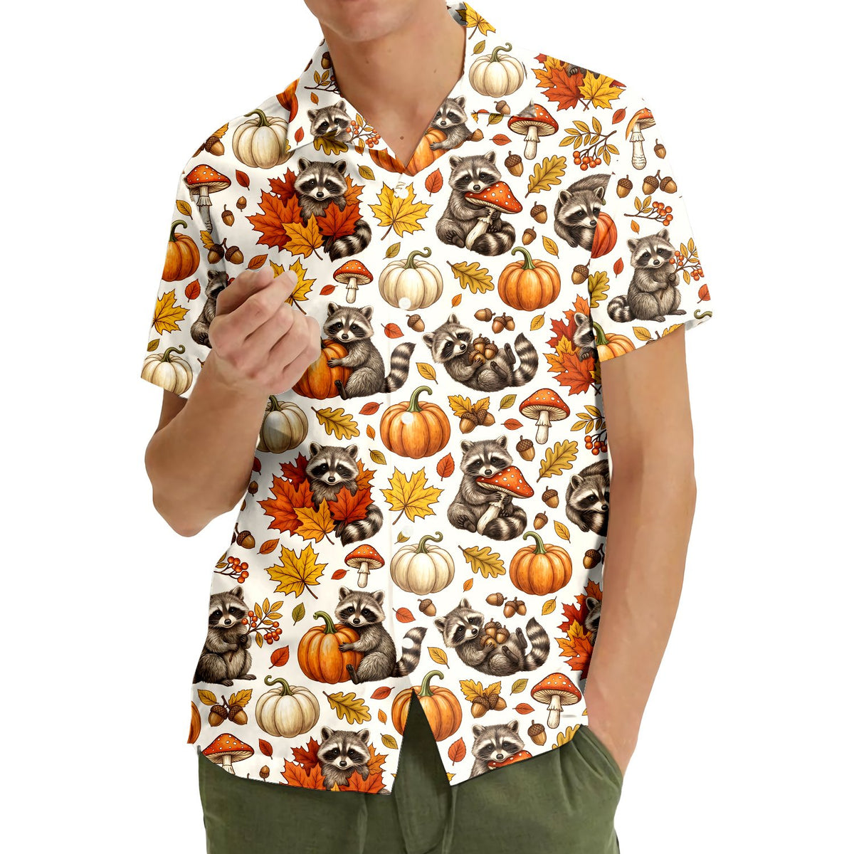 Third lifestyle view showing the holiday hawaiian shirt during a fall gathering