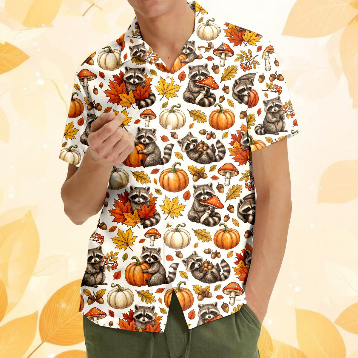 Fourth lifestyle view of the raccoons hawaiian shirt worn for Thanksgiving festivities