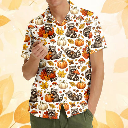 Fourth lifestyle view of the raccoons hawaiian shirt worn for Thanksgiving festivities