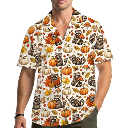 Lifestyle view of someone wearing the matching family raccoons hawaiian shirt outdoors