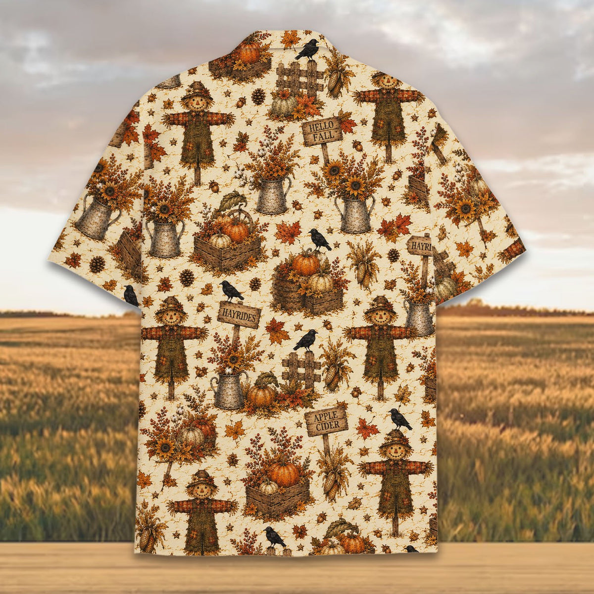 Fall scarecrows hawaiian shirt back detail view