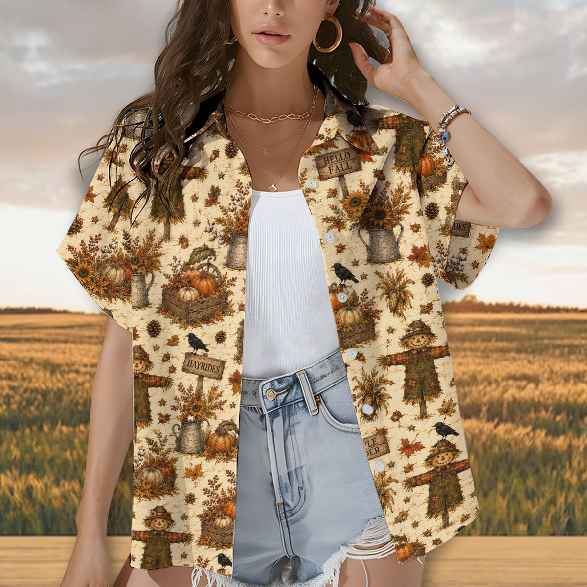 Thanksgiving hawaiian shirt fall scarecrows front detail
