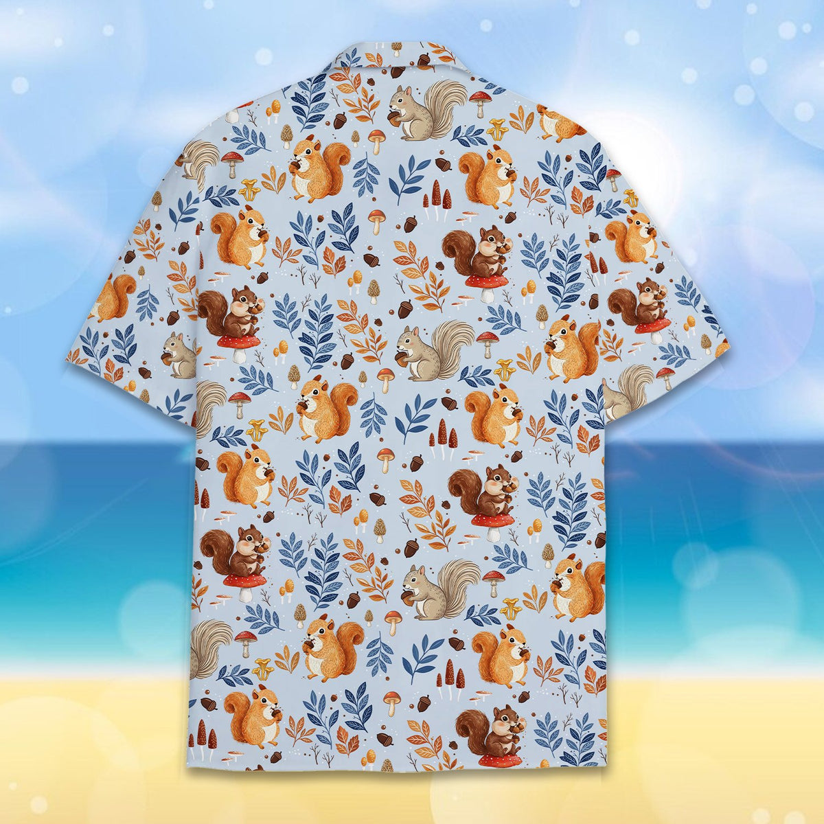 Third back view of the light blue fall hawaiian shirt
