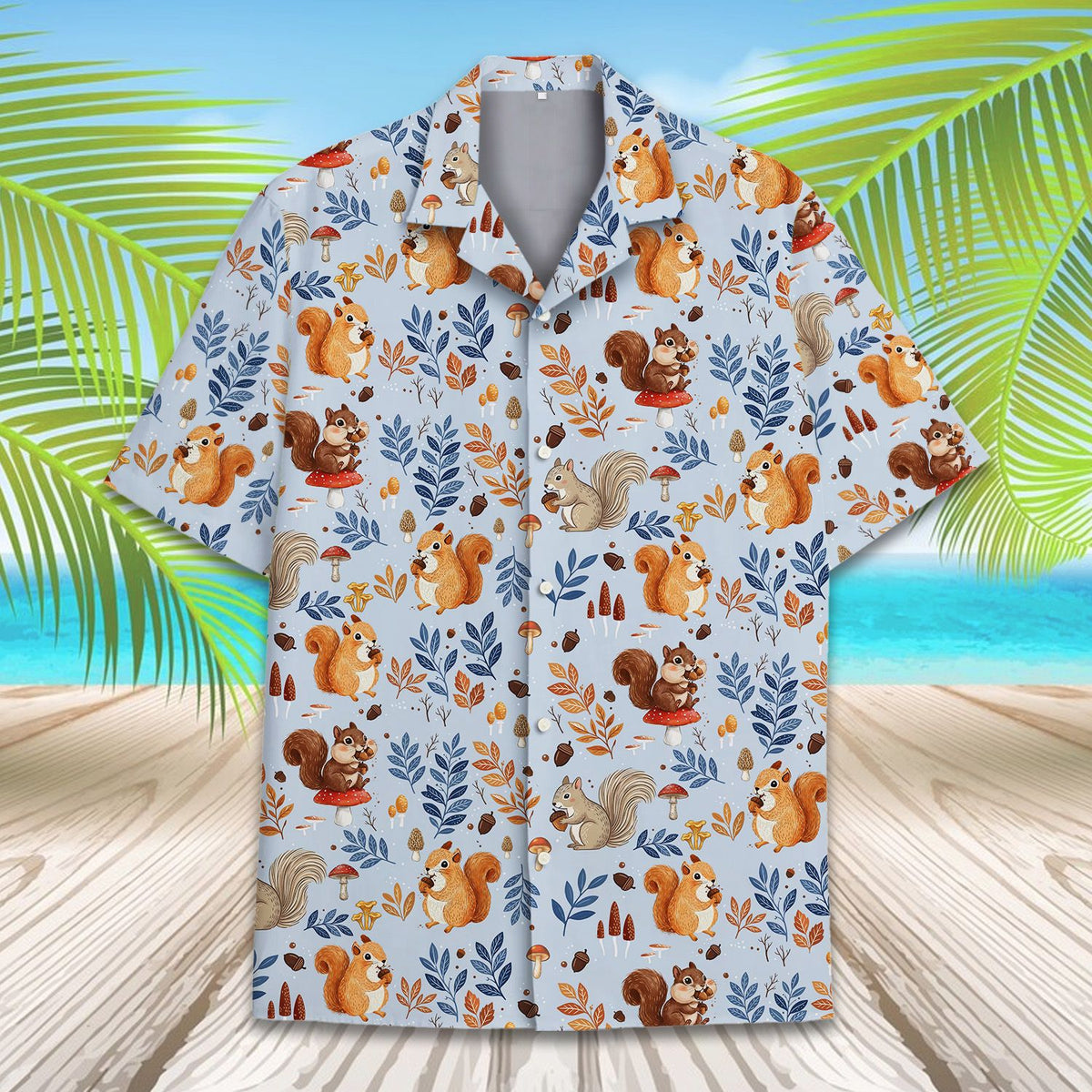 Close-up front view detailing the squirrels and mushrooms pattern