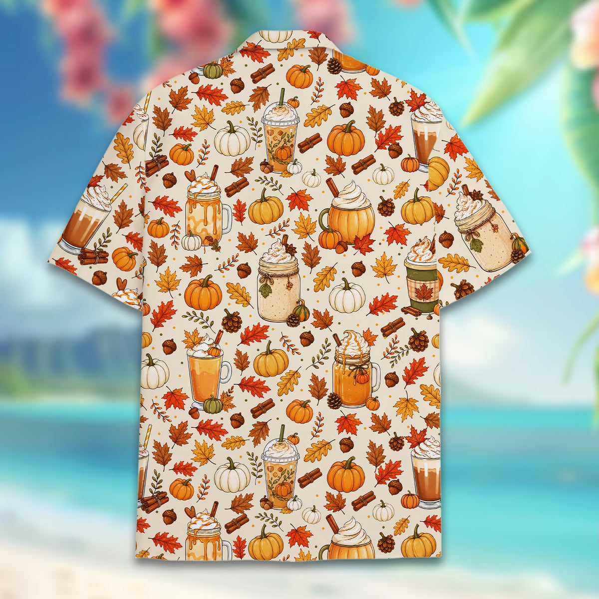 Detailed back view of autumn theme hawaiian shirt