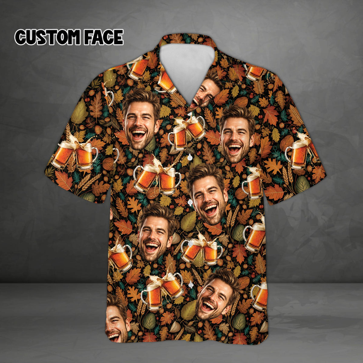 Front view of the custom name fall hawaiian shirt displaying the fun seasonal design